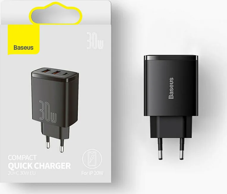 Baseus CCXJ-E01 Φορτιστής Χωρίς Καλώδιο με 2 USB-A και USB-C 30W Power Delivery Μαύρος (Compact 2U+C)