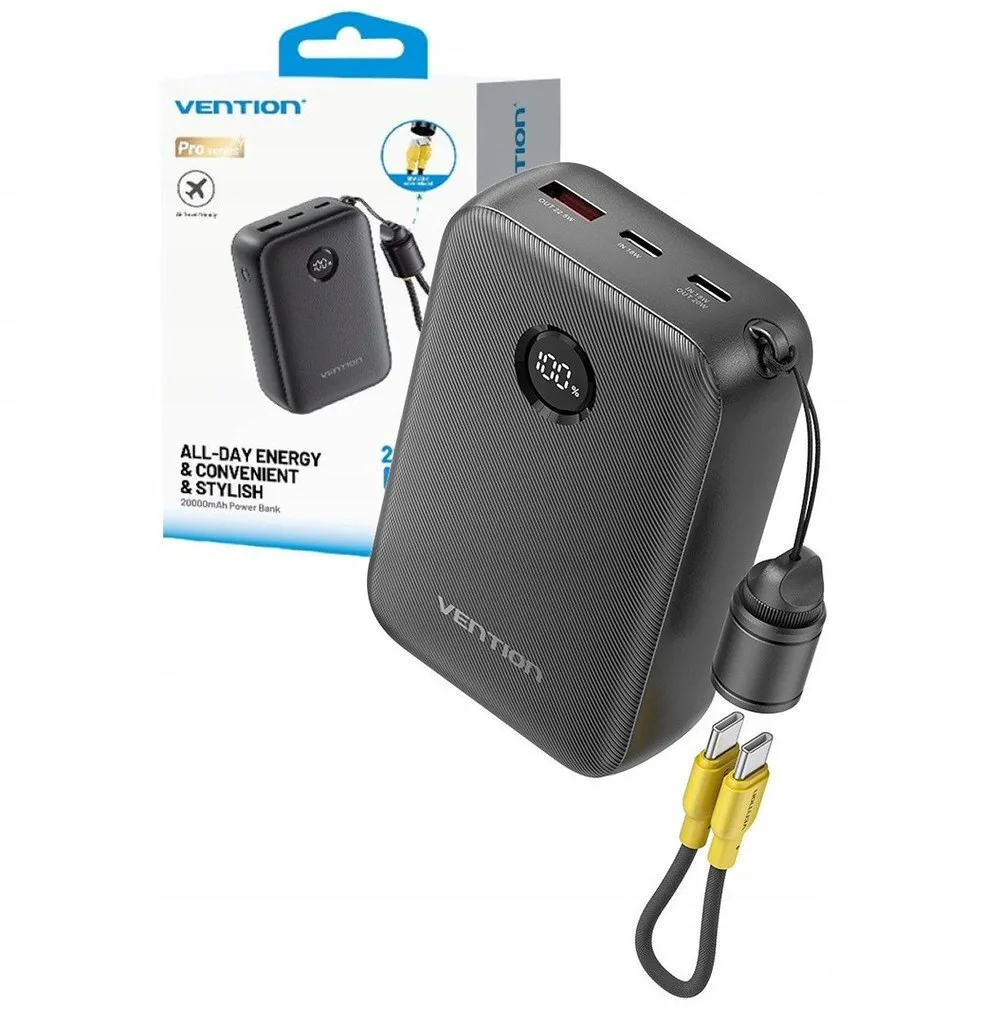 Vention Power Bank 20000mAh 22.5W, USB-A και USB-C Μαύρο